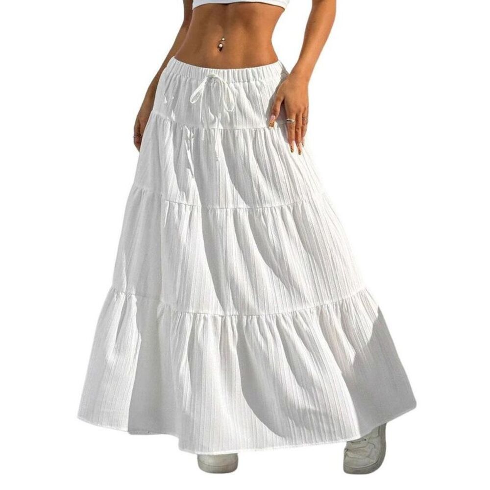 Women's High Waisted Boho Tiered Layered Flowy A-Line Maxi Skirt
